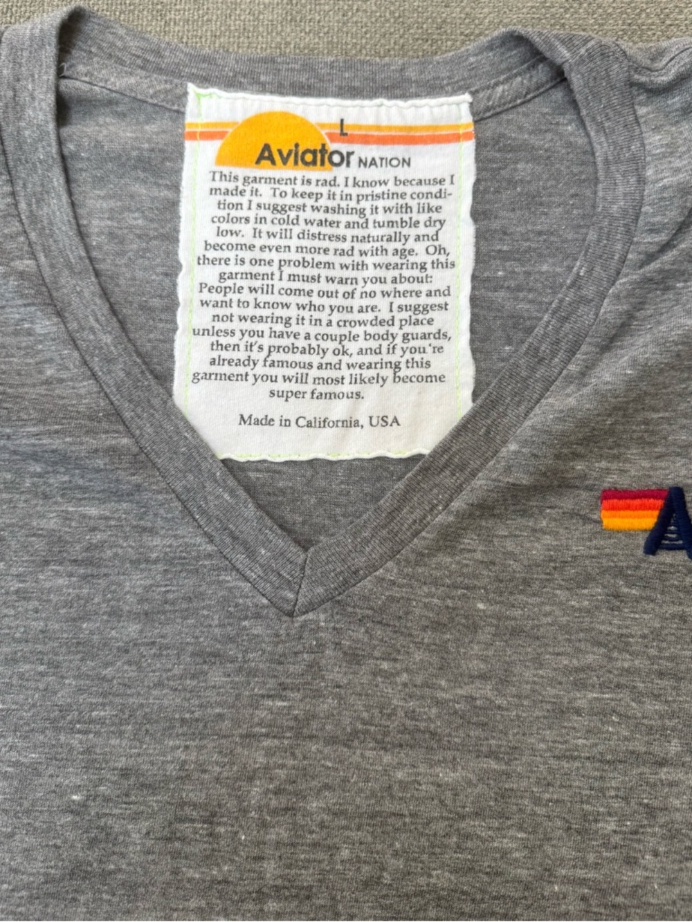 Aviator Nation Gray V-Neck Tee with Small Multicolor Logo - Picture 2 of 4